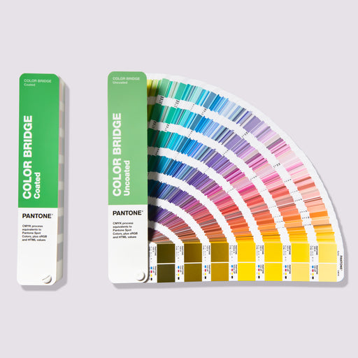 Fanned out PANTONE Color Bridge Set - a comprehensive colour matching tool used in design and printing. The set includes colour swatches displaying a wide range of colours, along with corresponding values for PANTONE spot colours and their closest equivalents in CMYK, RGB, and HEX colour formats.
