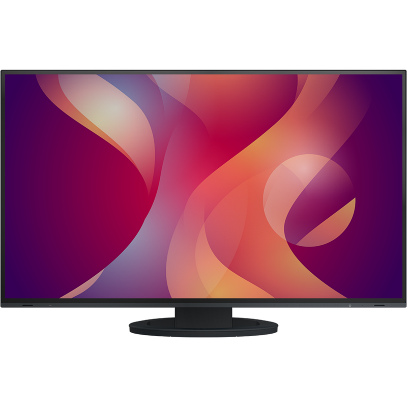 An image of the EIZO EV2795 27-inch LED FlexScan Monitor in black from the front. On the screen is a swirling graphic in sunset colours.