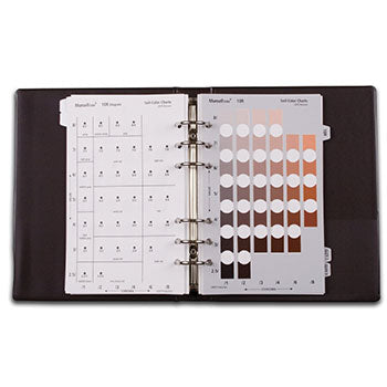 The inside of the Munsell soil colour guide, Munsell Soil Color Charts, used by geologists, in archaeology, environmental, landscaping and more, to identify different soil types. The book is in binder format with tabbed pages that show soil colour swatches against their corresponding values for comparison and analysis.