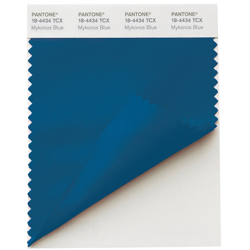 An image of a PANTONE Swatch Card with PANTONE colour 18-4434 TCX Mykonos Blue displayed on a cotton fabric sample.