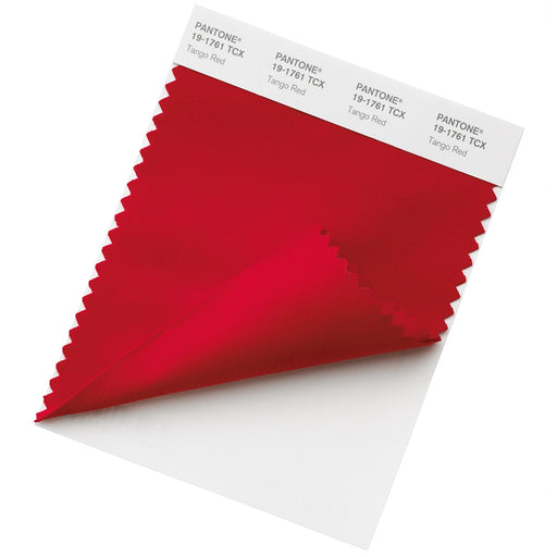 An image of a PANTONE Swatch Card with PANTONE colour 19-1761 TCX Tango Red displayed on a cotton fabric sample.