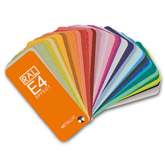 An image of the RAL E4 colour reference guide fanned out, showing one metallic paper colour sample per page.
